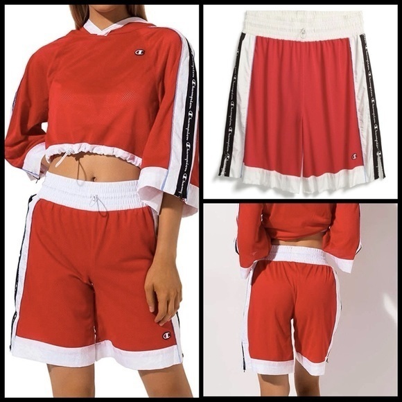 Champion Red Mesh Side Zippers White Waist Logo Oversized Basketball Shorts - Picture 1 of 16